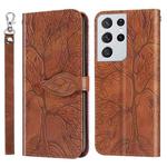 For Samsung Galaxy S21 Ultra 5G Life of Tree Embossing Pattern Horizontal Flip Leather Case with Holder & Card Slot & Wallet & Photo Frame & Lanyard(Brown)