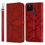 For Google Pixel 5 Life of Tree Embossing Pattern Horizontal Flip Leather Case with Holder & Card Slot & Wallet & Photo Frame & Lanyard(Red)