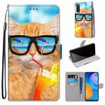 For Huawei P Smart 2021 / Y7a Coloured Drawing Cross Texture Horizontal Flip PU Leather Case with Holder & Card Slots & Wallet & Lanyard(Cat Drinking Soda)