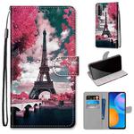 For Huawei P Smart 2021 / Y7a Coloured Drawing Cross Texture Horizontal Flip PU Leather Case with Holder & Card Slots & Wallet & Lanyard(Pink Flower Tower Bridge)
