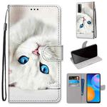 For Huawei P Smart 2021 / Y7a Coloured Drawing Cross Texture Horizontal Flip PU Leather Case with Holder & Card Slots & Wallet & Lanyard(White Kitten)