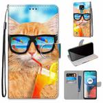 For Motorola Moto E7 Coloured Drawing Cross Texture Horizontal Flip PU Leather Case with Holder & Card Slots & Wallet & Lanyard(Cat Drinking Soda)