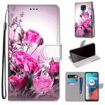 For Motorola Moto E7 Coloured Drawing Cross Texture Horizontal Flip PU Leather Case with Holder & Card Slots & Wallet & Lanyard(Wild Rose)