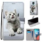 For Motorola Moto E7 Coloured Drawing Cross Texture Horizontal Flip PU Leather Case with Holder & Card Slots & Wallet & Lanyard(Small Gray Cat)