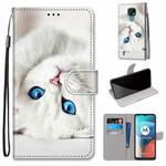 For Motorola Moto E7 Coloured Drawing Cross Texture Horizontal Flip PU Leather Case with Holder & Card Slots & Wallet & Lanyard(White Kitten)