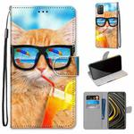 For Xiaomi Poco M3 Coloured Drawing Cross Texture Horizontal Flip PU Leather Case with Holder & Card Slots & Wallet & Lanyard(Cat Drinking Soda)