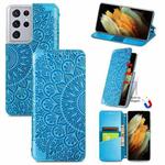 For Samsung Galaxy S21 Ultra 5G Blooming Mandala Embossed Pattern Magnetic Horizontal Flip Leather Case with Holder & Card Slots & Wallet(Blue)
