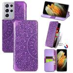 For Samsung Galaxy S21 Ultra 5G Blooming Mandala Embossed Pattern Magnetic Horizontal Flip Leather Case with Holder & Card Slots & Wallet(Purple)