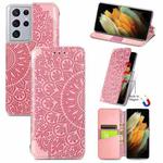 For Samsung Galaxy S21 Ultra 5G Blooming Mandala Embossed Pattern Magnetic Horizontal Flip Leather Case with Holder & Card Slots & Wallet(Pink)