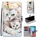 For Motorola Moto E7 Coloured Drawing Cross Texture Horizontal Flip PU Leather Case with Holder & Card Slots & Wallet & Lanyard(Big Cat Holding Kitten)