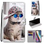 For Motorola Moto G 5G Plus Coloured Drawing Cross Texture Horizontal Flip PU Leather Case with Holder & Card Slots & Wallet & Lanyard(Slant Hat Blue Mirror Cat)