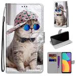 For Alcatel 1L (2021) Coloured Drawing Cross Texture Horizontal Flip PU Leather Case with Holder & Card Slots & Wallet & Lanyard(Slant Hat Blue Mirror Cat)