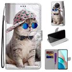 For Xiaomi Redmi Note 9 5G / Note 9T Coloured Drawing Cross Texture Horizontal Flip PU Leather Case with Holder & Card Slots & Wallet & Lanyard(Slant Hat Blue Mirror Cat)