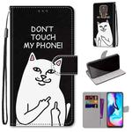 For Motorola Moto E7 Plus / G9 Play / G9 Coloured Drawing Cross Texture Horizontal Flip PU Leather Case with Holder & Card Slots & Wallet & Lanyard(Middle Finger White Cat)