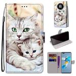 For Huawei Mate 40 Pro Coloured Drawing Cross Texture Horizontal Flip PU Leather Case with Holder & Card Slots & Wallet & Lanyard(Big Cat Holding Kitten)