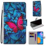 For Huawei P smart 2021 / Y7a Coloured Drawing Cross Texture Horizontal Flip PU Leather Case with Holder & Card Slots & Wallet & Lanyard(Blue Red Butterfly)