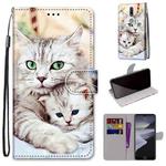 For Nokia 2.4 Coloured Drawing Cross Texture Horizontal Flip PU Leather Case with Holder & Card Slots & Wallet & Lanyard(Big Cat Holding Kitten)