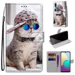 For Samsung Galaxy A02 / M02 Coloured Drawing Cross Texture Horizontal Flip PU Leather Case with Holder & Card Slots & Wallet & Lanyard(Slant Hat Blue Mirror Cat)