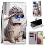 For Samsung Galaxy A12 / M12 Coloured Drawing Cross Texture Horizontal Flip PU Leather Case with Holder & Card Slots & Wallet & Lanyard(Slant Hat Blue Mirror Cat)