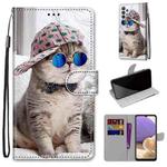 For Samsung Galaxy A32 5G Coloured Drawing Cross Texture Horizontal Flip PU Leather Case with Holder & Card Slots & Wallet & Lanyard(Slant Hat Blue Mirror Cat)