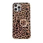 For iPhone 11 Leopard Texture with Ring Metal Rhinestone Bracket Mobile Phone Protective Case (Brown)