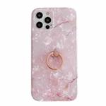 For iPhone 11 Shell Texture Marble with Ring Metal Rhinestone Bracket Mobile Phone Protective Case (Pink)