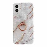 For iPhone 11 Pro Max Shell Texture Marble with Ring Metal Rhinestone Bracket Mobile Phone Protective Case (Whit)