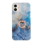 For iPhone 11 Pro Max Shell Texture Marble with Ring Metal Rhinestone Bracket Mobile Phone Protective Case (Blue)
