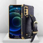 For OPPO Reno5 Pro Electroplated TPU Crocodile Pattern Leather Case with Wrist Strap(Black)