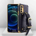 For OPPO Reno5 Pro Plus Electroplated TPU Crocodile Pattern Leather Case with Wrist Strap(Black)