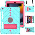 For iPad 10.2 2021 / 2020 / 2019 Shockproof Rhombus Robot PC + Silicone Protective Case with Holder & Shoulder Strap(Mint Green+Rose Red)