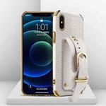 For iPhone X / XS Electroplated TPU Crocodile Pattern Leather Case with Wrist Strap(White)