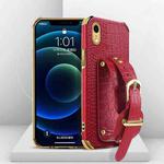 For iPhone XR Electroplated TPU Crocodile Pattern Leather Case with Wrist Strap(Red)