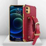 For iPhone 11 Electroplated TPU Crocodile Pattern Leather Case with Wrist Strap (Red)