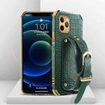 For iPhone 11 Pro Electroplated TPU Crocodile Pattern Leather Case with Wrist Strap (Green)