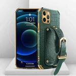 For iPhone 12 Pro Electroplated TPU Crocodile Pattern Leather Case with Wrist Strap(Green)