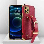 For iPhone 12 Pro Max Electroplated TPU Crocodile Pattern Leather Case with Wrist Strap(Red)