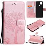 For Motorola Moto G9 Power Tree & Cat Pattern Pressed Printing Horizontal Flip PU Leather Case with Holder & Card Slots & Wallet & Lanyard(Rose Gold)