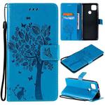 For Motorola Moto G9 Power Tree & Cat Pattern Pressed Printing Horizontal Flip PU Leather Case with Holder & Card Slots & Wallet & Lanyard(Blue)