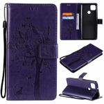 For Motorola Moto G9 Power Tree & Cat Pattern Pressed Printing Horizontal Flip PU Leather Case with Holder & Card Slots & Wallet & Lanyard(Purple)