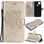 For Motorola Moto G9 Power Tree & Cat Pattern Pressed Printing Horizontal Flip PU Leather Case with Holder & Card Slots & Wallet & Lanyard(Gold)