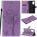 For Xiaomi Redmi Note 9 4G Tree & Cat Pattern Pressed Printing Horizontal Flip PU Leather Case with Holder & Card Slots & Wallet & Lanyard(Light Purple)