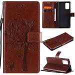 For Xiaomi Redmi Note 9 4G Tree & Cat Pattern Pressed Printing Horizontal Flip PU Leather Case with Holder & Card Slots & Wallet & Lanyard(Coffee)