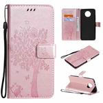 For Xiaomi Redmi Note 9 5G Tree & Cat Pattern Pressed Printing Horizontal Flip PU Leather Case with Holder & Card Slots & Wallet & Lanyard(Rose Gold)