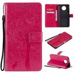For Xiaomi Redmi Note 9 5G Tree & Cat Pattern Pressed Printing Horizontal Flip PU Leather Case with Holder & Card Slots & Wallet & Lanyard(Rose Red)