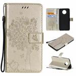 For Xiaomi Redmi Note 9 5G Tree & Cat Pattern Pressed Printing Horizontal Flip PU Leather Case with Holder & Card Slots & Wallet & Lanyard(Gold)