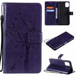 For LG K42 Tree & Cat Pattern Pressed Printing Horizontal Flip PU Leather Case with Holder & Card Slots & Wallet & Lanyard(Purple)