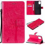 For LG K42 Tree & Cat Pattern Pressed Printing Horizontal Flip PU Leather Case with Holder & Card Slots & Wallet & Lanyard(Rose Red)