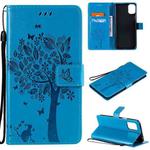 For LG K42 Tree & Cat Pattern Pressed Printing Horizontal Flip PU Leather Case with Holder & Card Slots & Wallet & Lanyard(Blue)