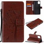 For LG K42 Tree & Cat Pattern Pressed Printing Horizontal Flip PU Leather Case with Holder & Card Slots & Wallet & Lanyard(Coffee)